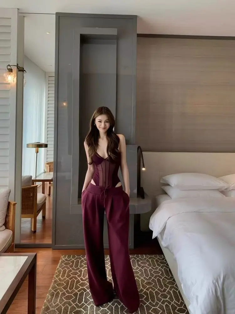 

Sexy Spicy Girl Style Retro Atmosphere Pure Desire Strap Top Wide Leg Pants Two Piece Set Summer New Women's Fashion Set