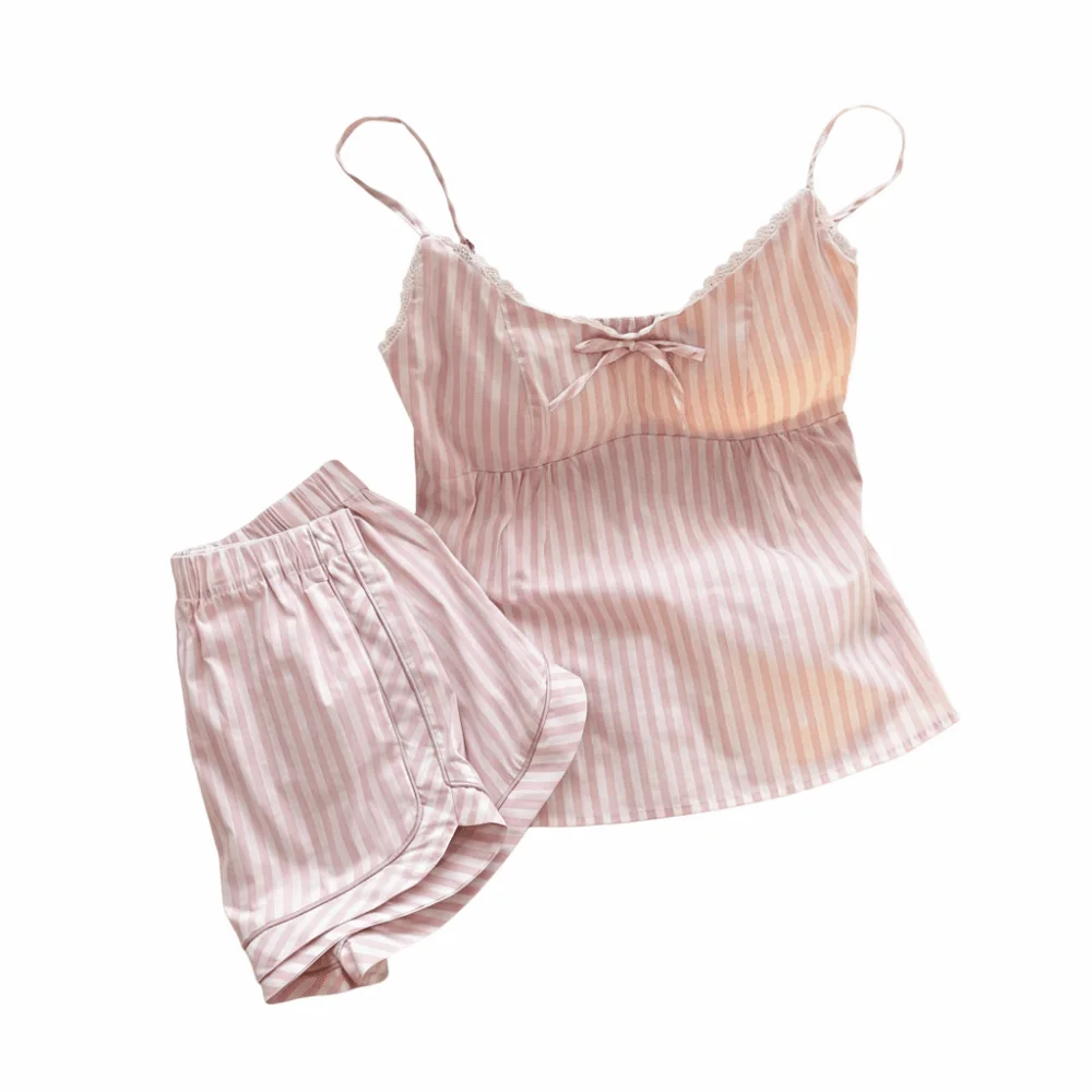 

Cute Sweet Bowknot Pajamas Set Sleeveless Loose Fit Two Pieces Pajama Spaghetti Strap Nightwear Set Homewear
