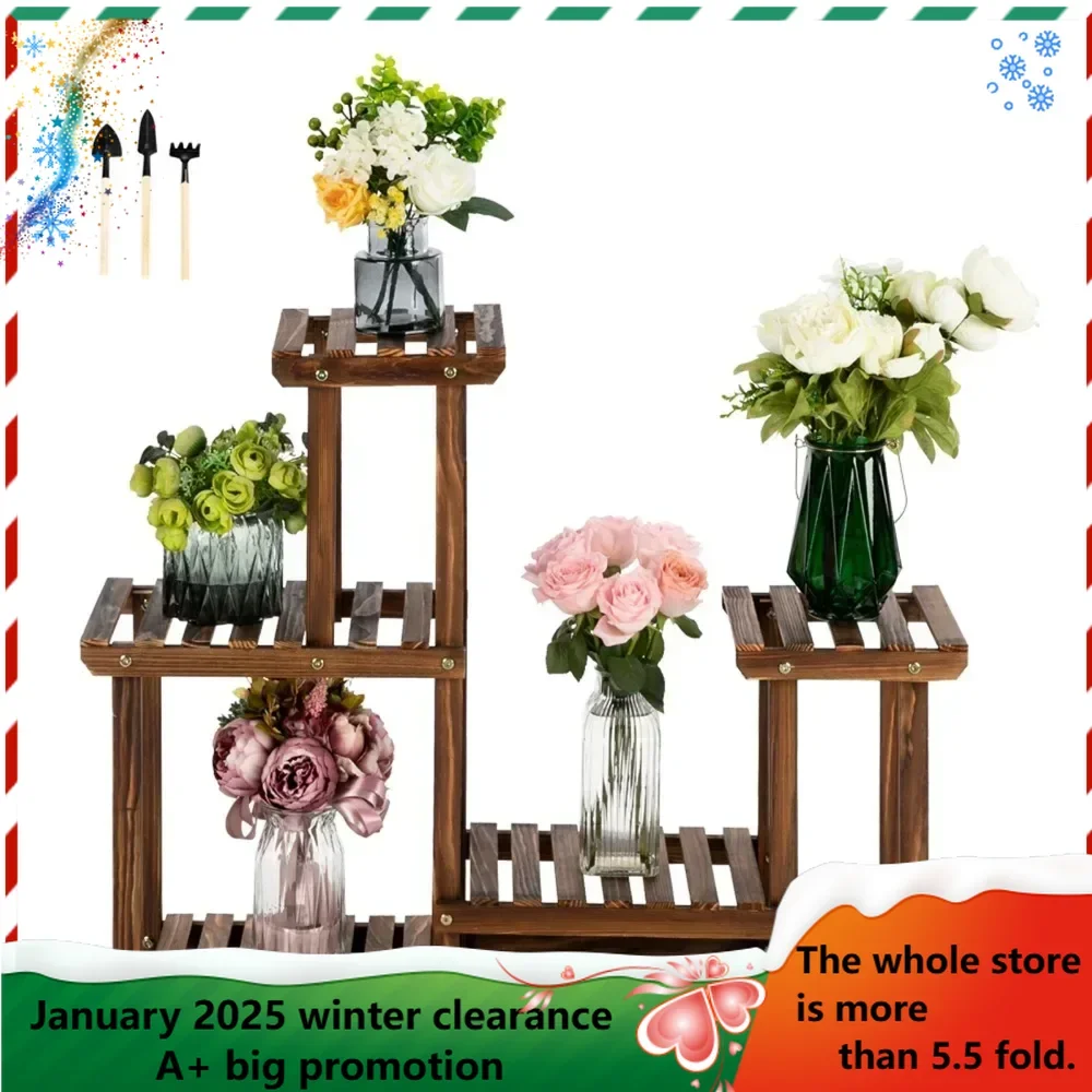 Multi-Function Carbonized Wood Plant Stand Multifunctional carbonized wood plant frame with 4 floors and 7 rooms Plant Shelves