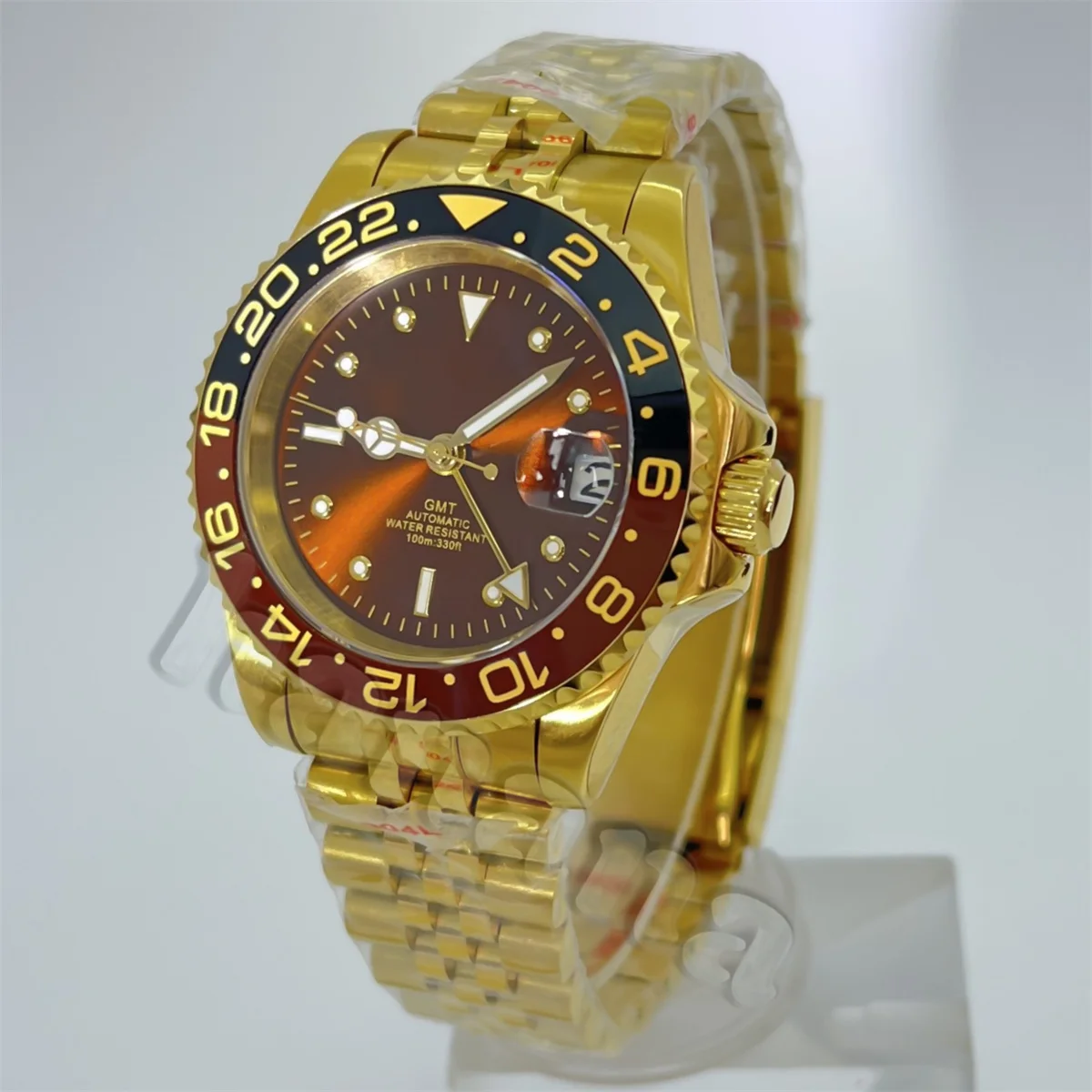 Men's gold diving watch 40mm NH34 GMT automatic movement sapphire glass ceramic bezel unidirectional rotation 120 clicks