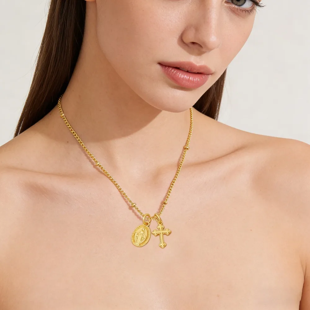 Gold Plated Virgin Mary Cross Pendant Necklace, Cubic Zirconia Inlaid Double Layer Religious Necklace for Women