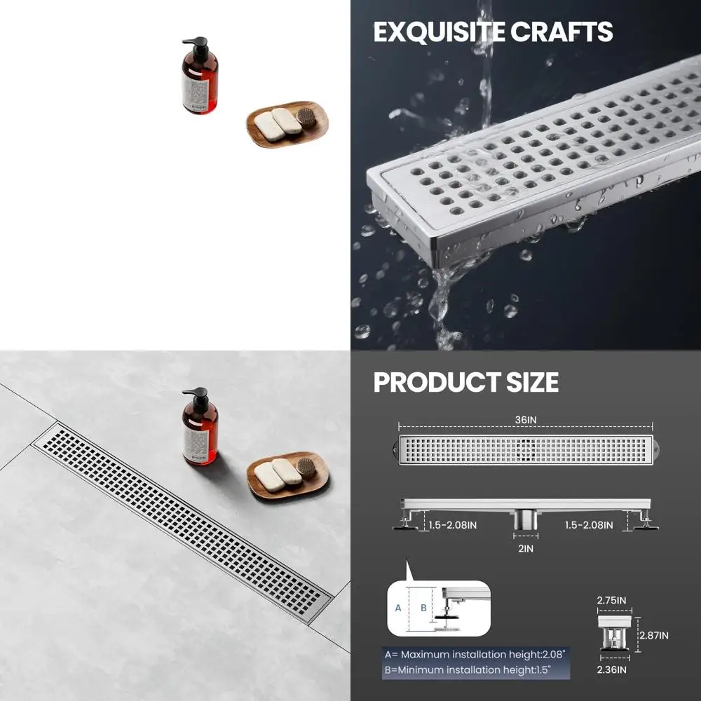 

36 Brushed 304 Stainless Steel Shower Drain with Square Grate, Suitable for Bathrooms, Kitchens, and Garages