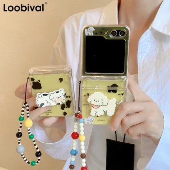 삼성 갤럭시 Zflip5 Z Flip6 플립 6 5 4 3 용 힌지 투명 카드 삽입 지갑 케이스, 귀여운 강아지 스탠드 슬림 하드 커버, 3 인 1 