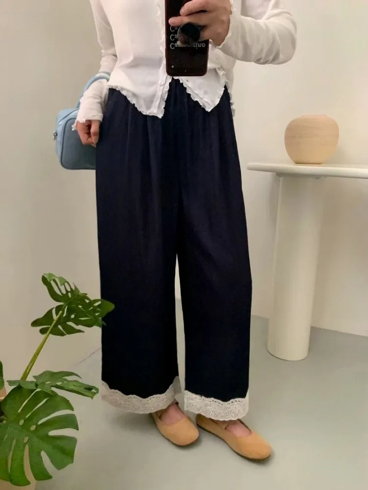 Design Lace Patchwork Baggy Jeans Women's Jeans Wide Leg Pants Elastic High Waist Summer Straight Trouser Blue Denim Long Pants