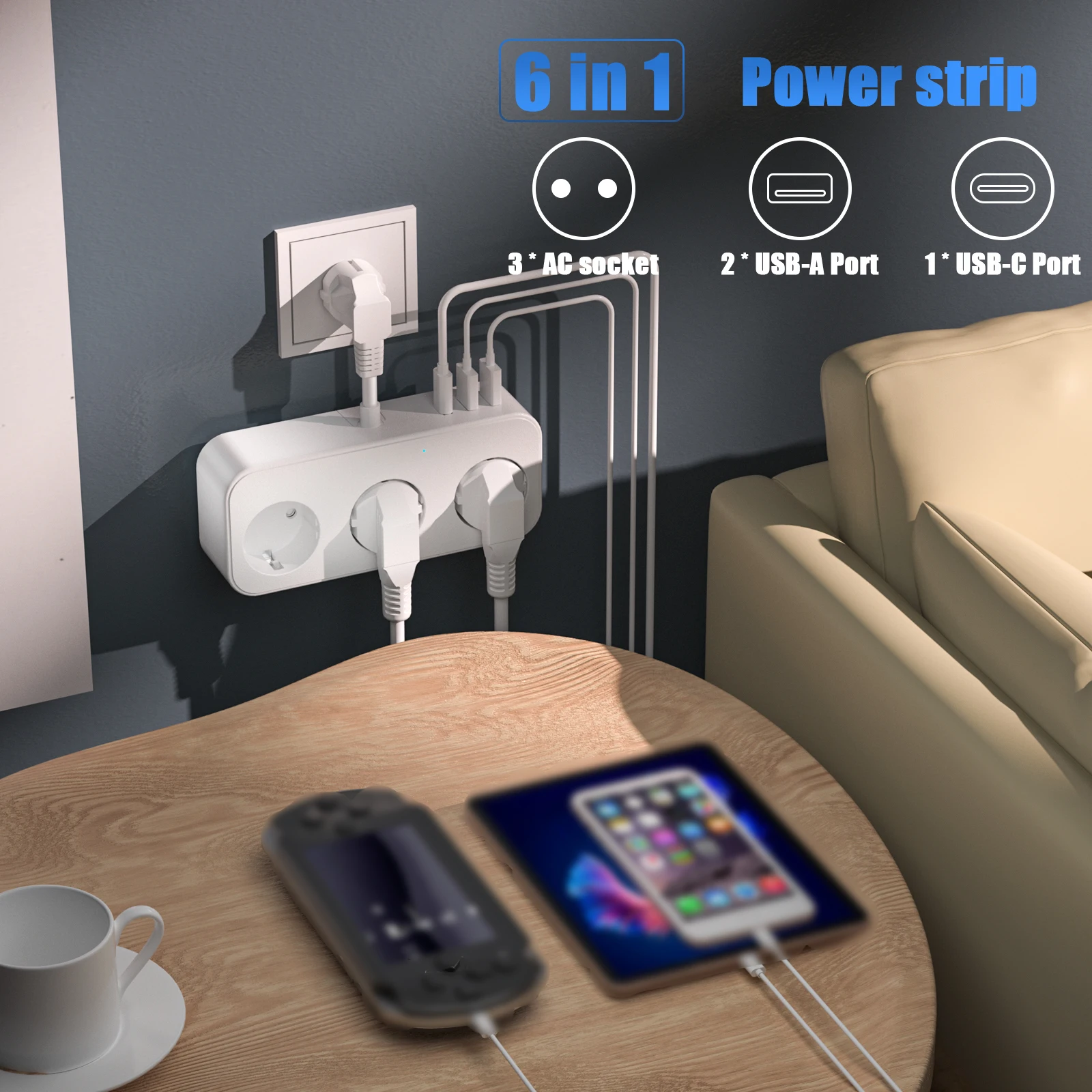 3840W EU Plug Power Strip with 2USB-A and Type-C Fast Charging Outlets Adapter Electrical Socket 250V 16A with Expansion Cable