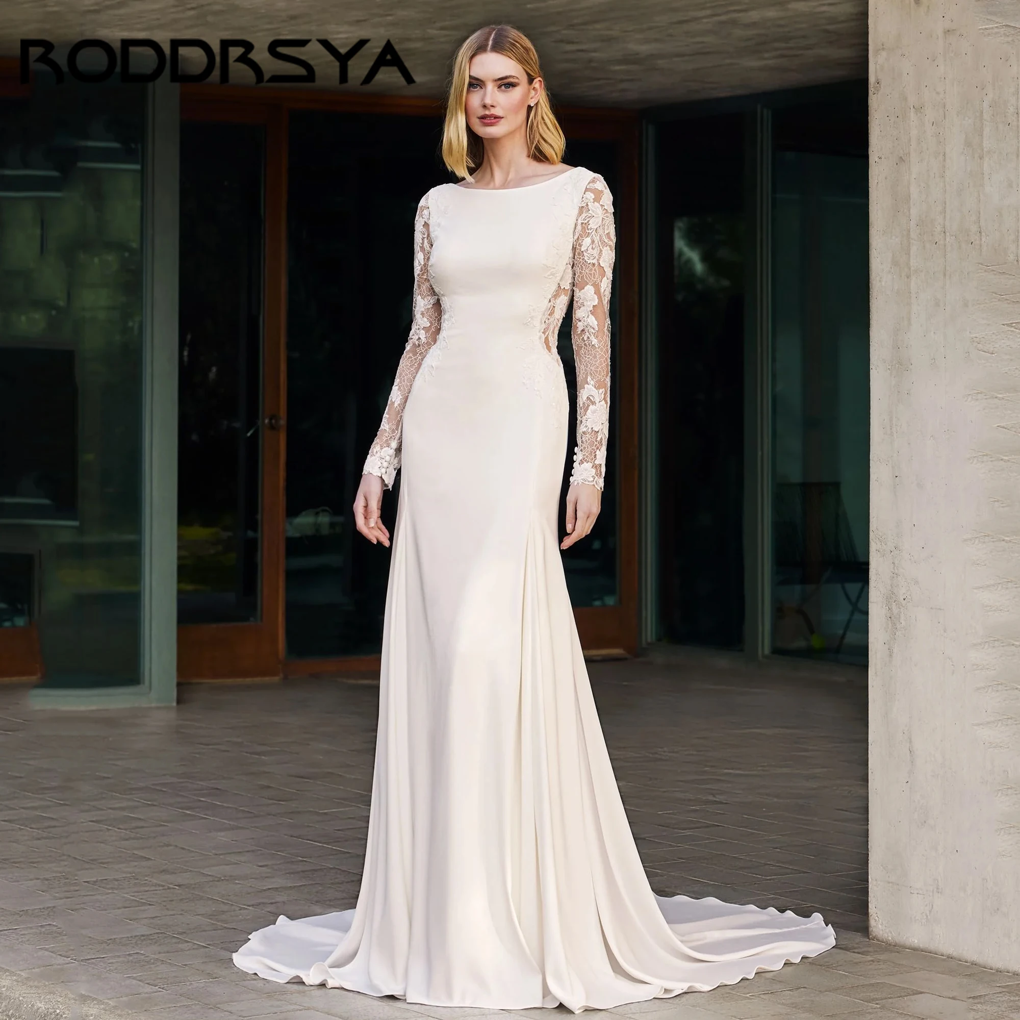 

Crepe Bateau Neckline Mermaid With Long Sleeves V-Back Wedding Dresses Scoop Elegant Bride Dress Vestido De Novia Customized
