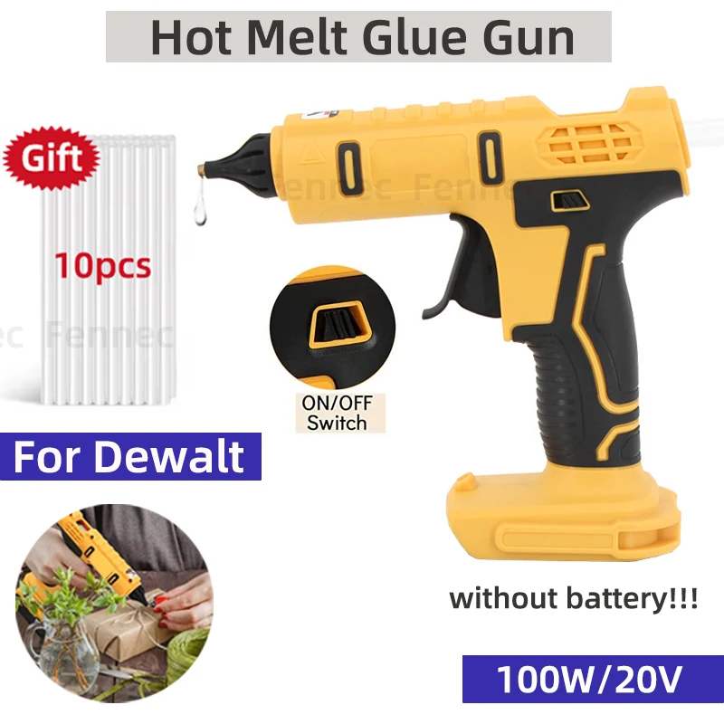 Cordless Electric Handheld Hot Glue Gun Hot Melt Gun Welding Anti-scald Nozzle with 10 Glue Stick for Dewalt Without Battery