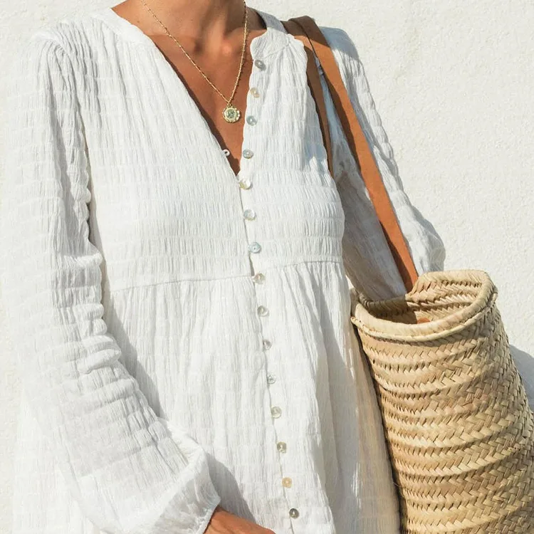 2025 nuevo vestido Casual plisado de algodón francés para mujer, cárdigan de manga larga con cuello redondo, vestido largo blanco, vestidos bohemios para vacaciones en la playa