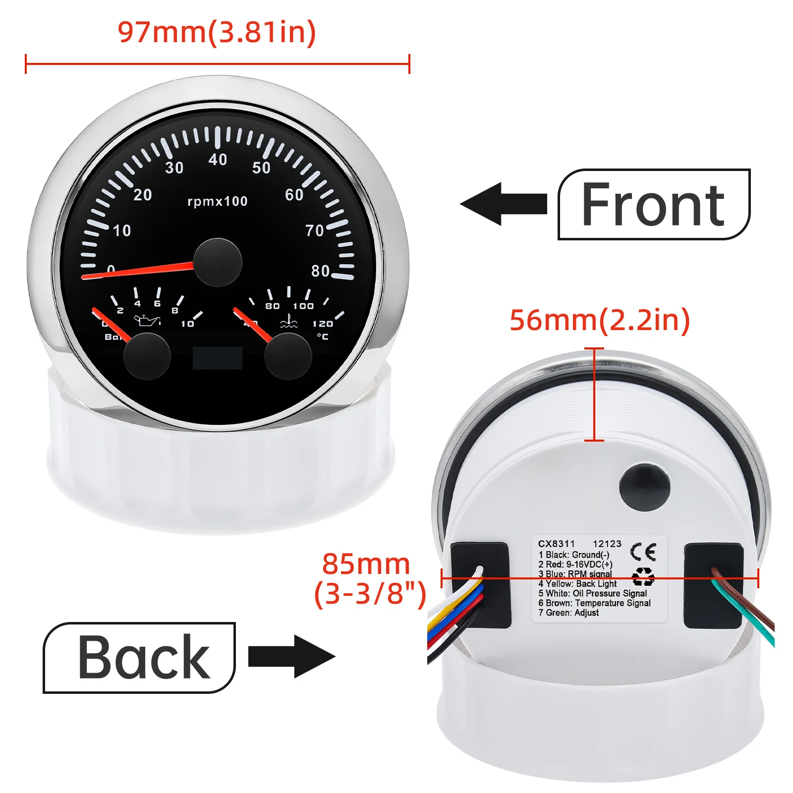 85mm 3in1 Tachometer 3000 4000 6000 7000 8000 RPM with Oil Pressure Gauge Water Temp Meter 7 Color For Car Boat Yacht customized