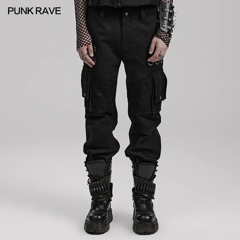 

PUNK RAVE Men's Punk Perforated Mesh Non-elastic Eyelet Webbing Decorative Loops Pants Daily Casual Cool Trousers Streetwear