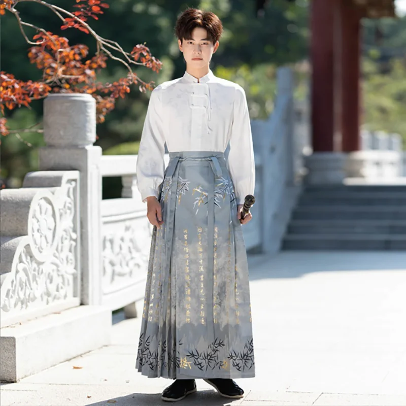 

Large Size 4XL Hanfu Horse Face Skirt Men Chinese Traditional Weaving Gold Hanfu Pleats Skirt White Sets Cloak Plus Size 3XL