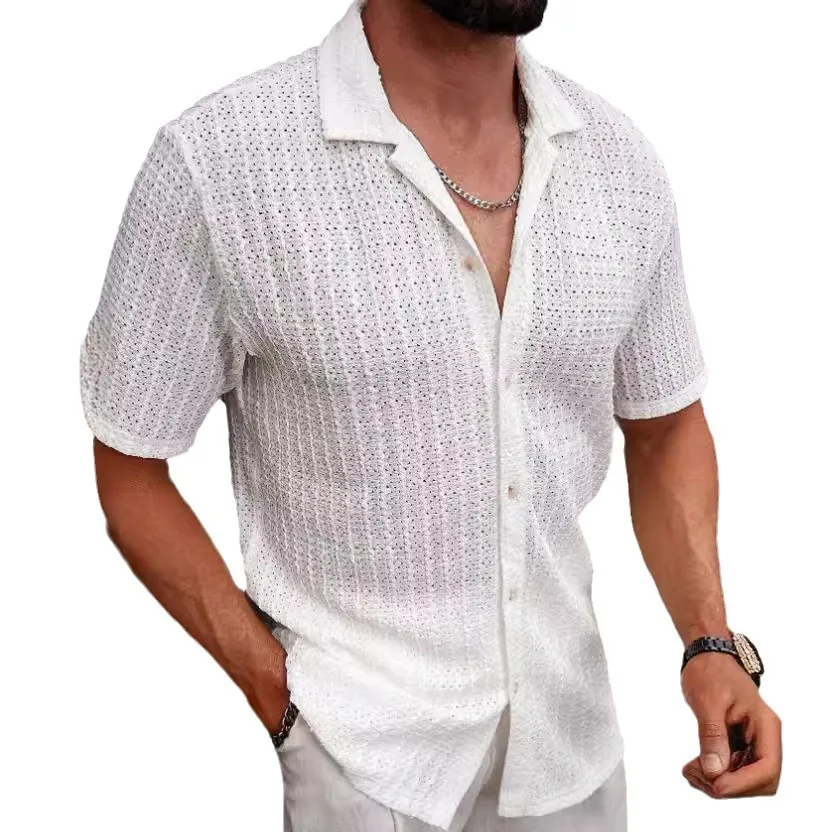 Men\'s Short-sleeved Shirt Large Size Casual Cardigan Short-sleeved Loose Hollow Out Male Tops