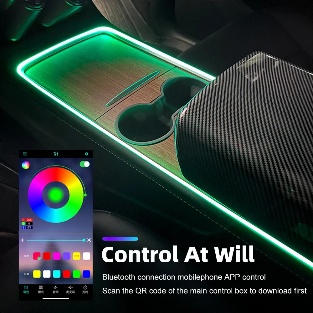 Car Center Console Dashboard Footwell Ambient Light Kit 1.5M RGB LED Strip Music Sync APP Control for Tesla Model 3/Y 2017-2024