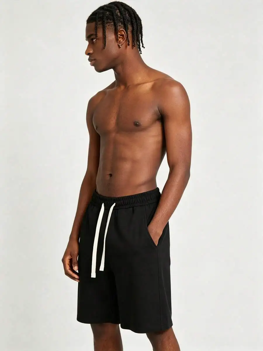 

Casual Solid Black Knit Shorts With Drawstring Waist Loose Fit Knee-Length Bermuda Shorts With Pockets