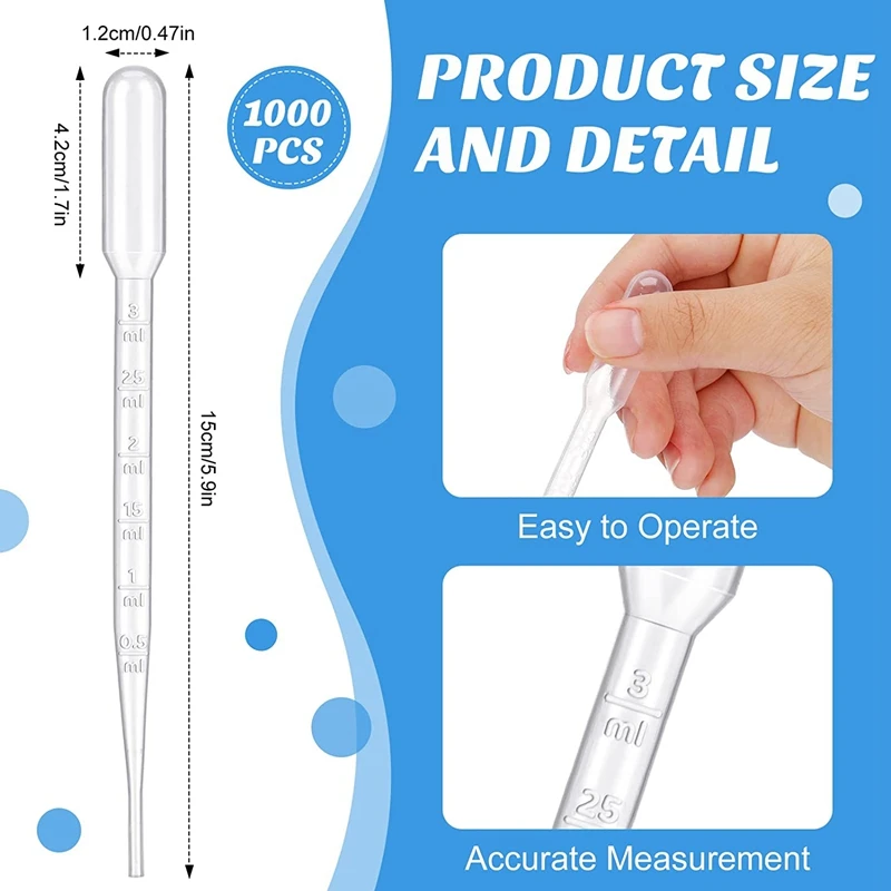 Plástico descartável Graduado Transfer Pipettes, Adequado para Experimento Científico, 3ml, 1000 Pcs