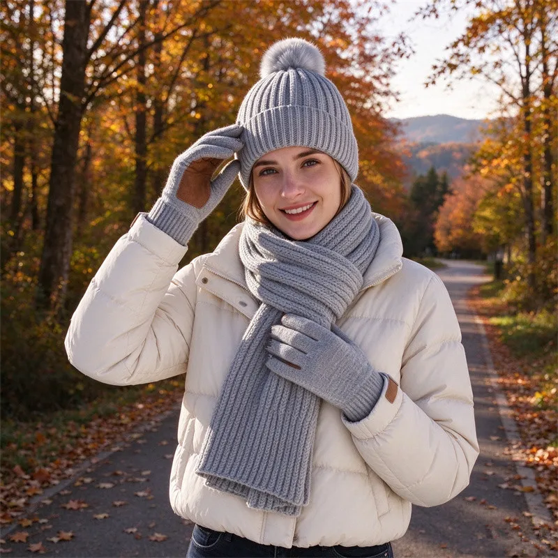 3Pcs Women Men Winter Ski Cable Knit Pom Pom Beanie Scarf Gloves Set Fleece Lined Warm Hat Suit For Outdoor Sport Christmas Gift