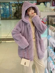 Herfst Winter Oversized Zoete Verdikte Lamsjas Paars Beige Nepbontjas Vrouwen Kawaii Losse Pluizige Jas Hoodie Bovenkleding