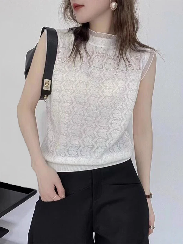 Women's Lace Collarless Top Half High Collar Lace Trim Chemise Sleeveless Vest Style Versatile Inner Wear for Autumn Winter