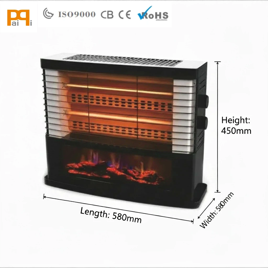 Wholesale Price 2400W Max Electric Quartz Infared Heater Metal Customizable Fireplace Realistic Flame Image 360 Tilt Protection