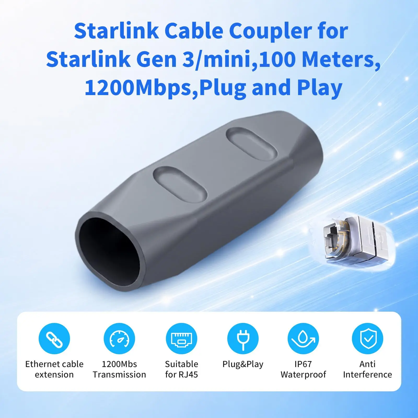 For Starlink Gen3 Ethernet Adapter Extension Cable with IP68 Waterproof Connector Compatible Outdoor Rated Coupler for Starlink