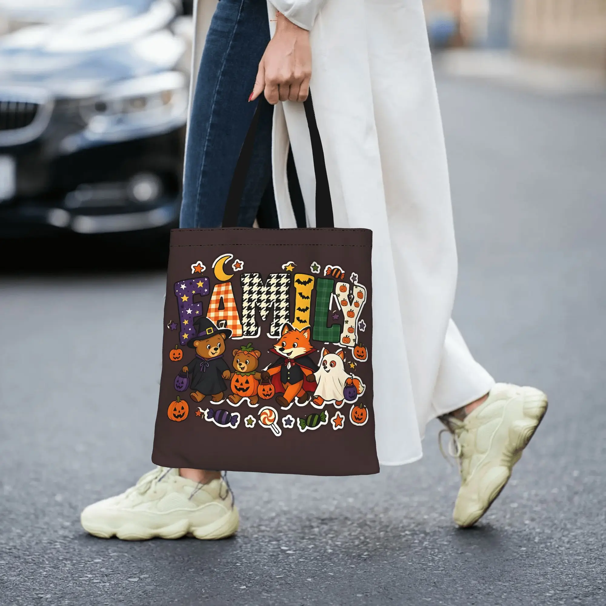 Family Letter Block    Halloween Trick Or Treat Group  canvas tote bag,  urban style for daily shopping and casual outings