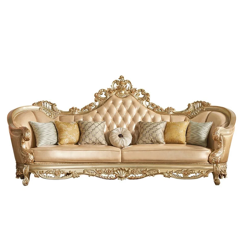 gj-Champagne Color Solid Wood Carved Sofa Set High-density Sponge Filling European Style Living Room Furniture for Large#