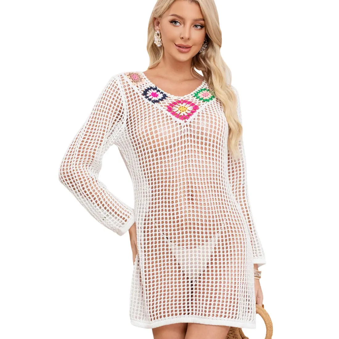 

Women Cutout Sexy Knit Beach Cover Ups Dress Color Crochet V Neck Long Sleeve Beachwear