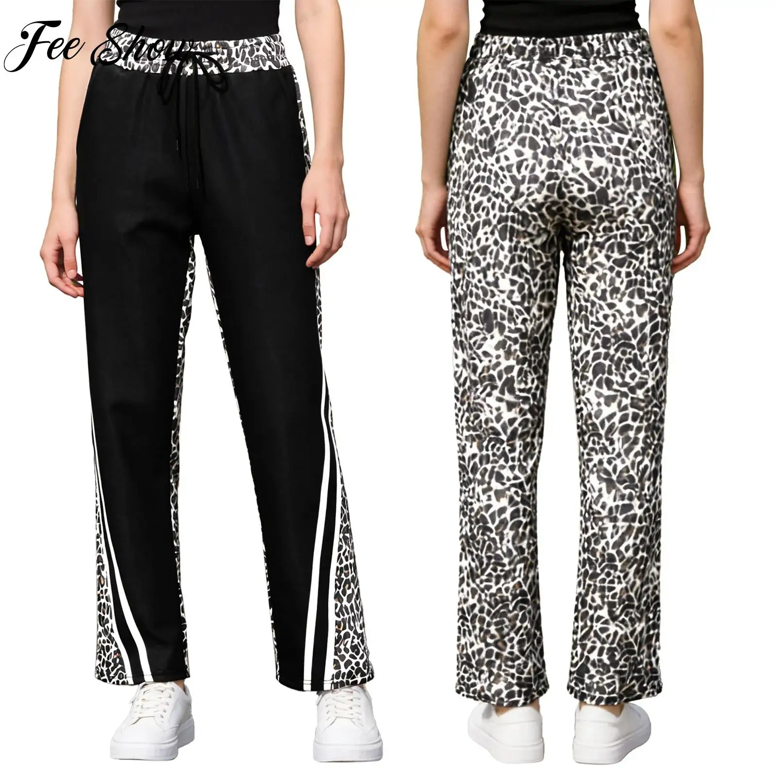 

Women's Leopard Print Striped Hip Hop Street Dance Pants Stretchy Straight-Leg Sweatpants with Pockets for Sports Skateboarding