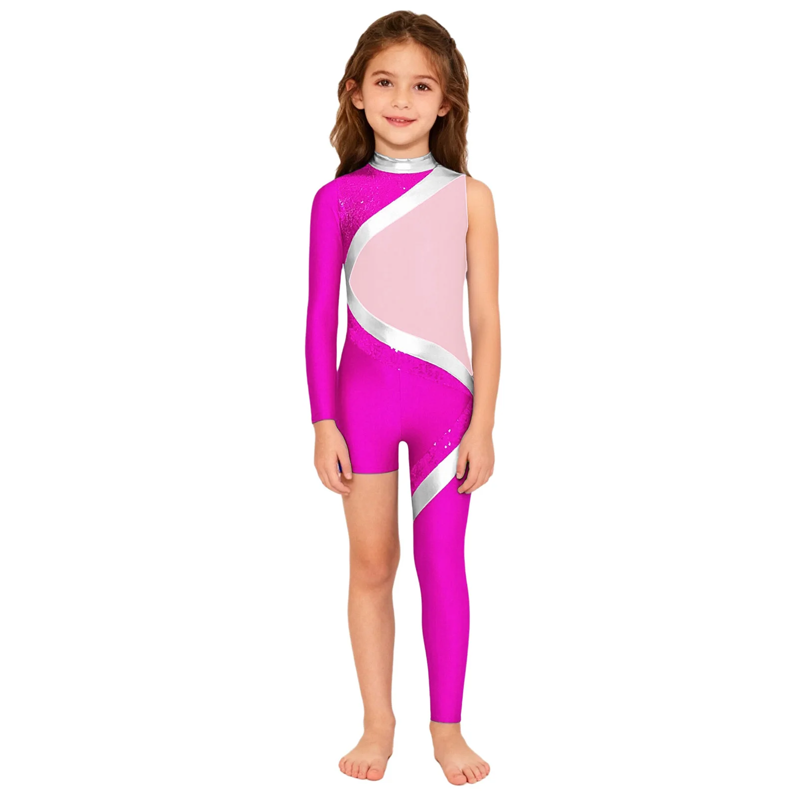 

Kids Girls Figure Skating Gymnastics Jumpsuit Sports Dance Costume Mock Neck Shiny Sequins Color Block Asymmetrical Leg Bodysuit