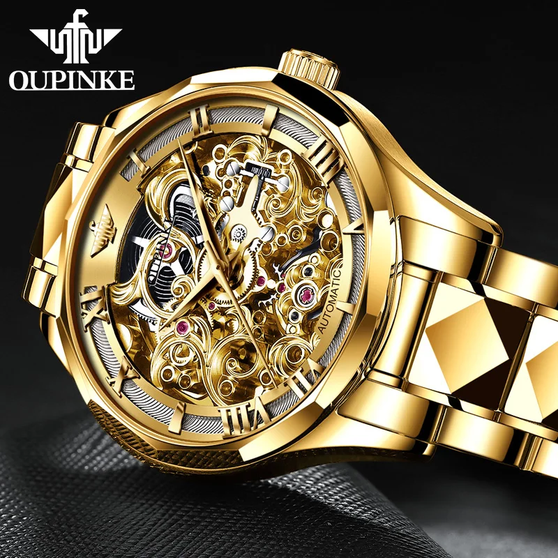 OUPINKE 3168 Luxury Automatic Men\'s Watches Skeleton Hollow Mechanical Wristwatch Tungsten Steel Strap Waterproof Watch for Men