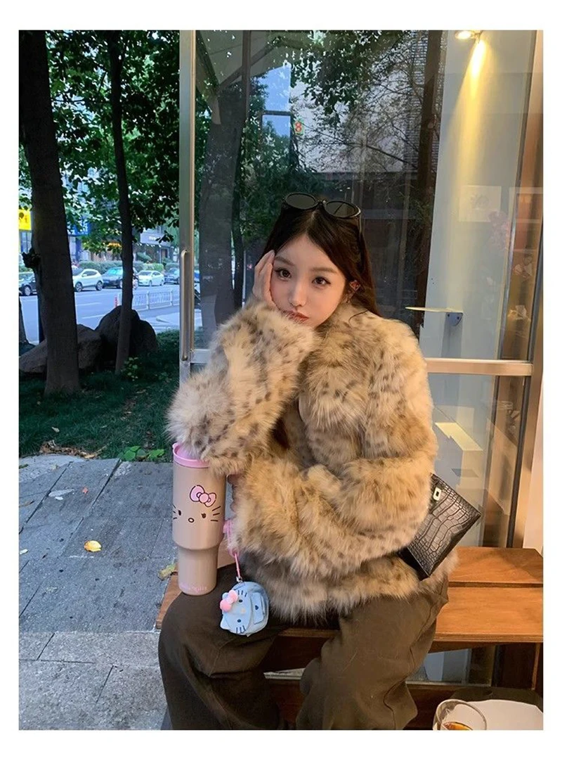 Leopard Faux Fur Coat Women Winter Thick Warm Vintage Streetwear Jacket Casual Zipper Female Retro American Hip Hop Outwear Tops