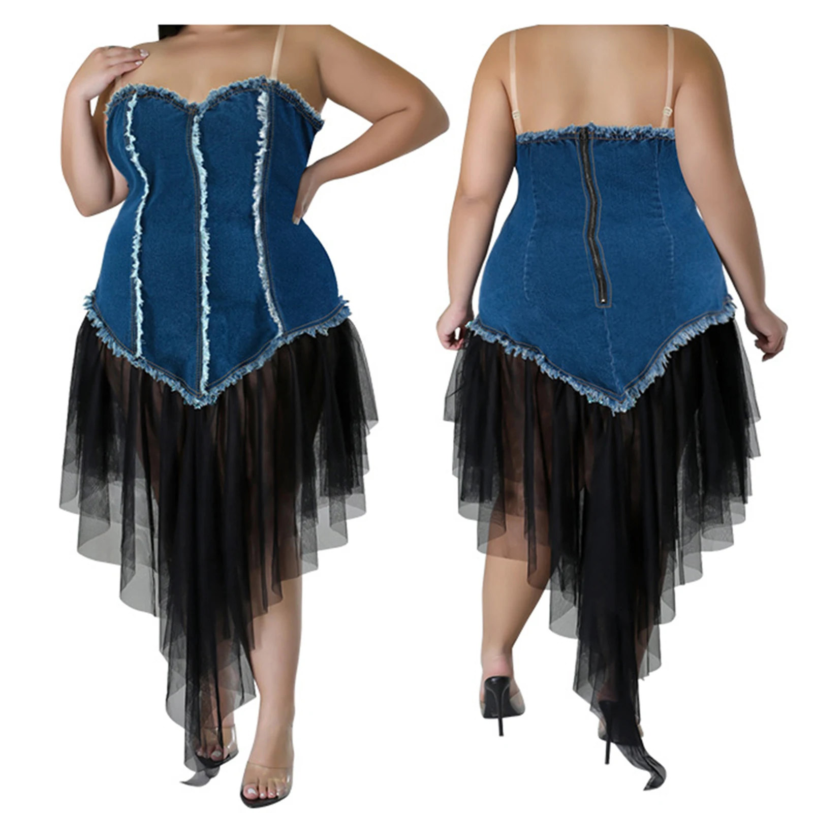 2025, Damen-Jeanskleider in Übergröße, Sommer, sexy Damen, ärmellos, Spaghettiträger, Patchwork, Netzsaum, Midi-Slip-Kleid
