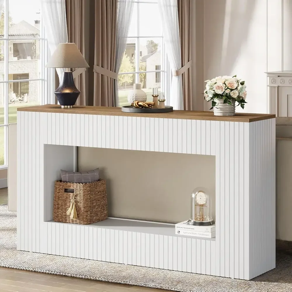 

55" Entryway Table, ern ole Table with 2-Tier Storage, Narrow Soa urniture or Living Room, Entrance, Hallway, White