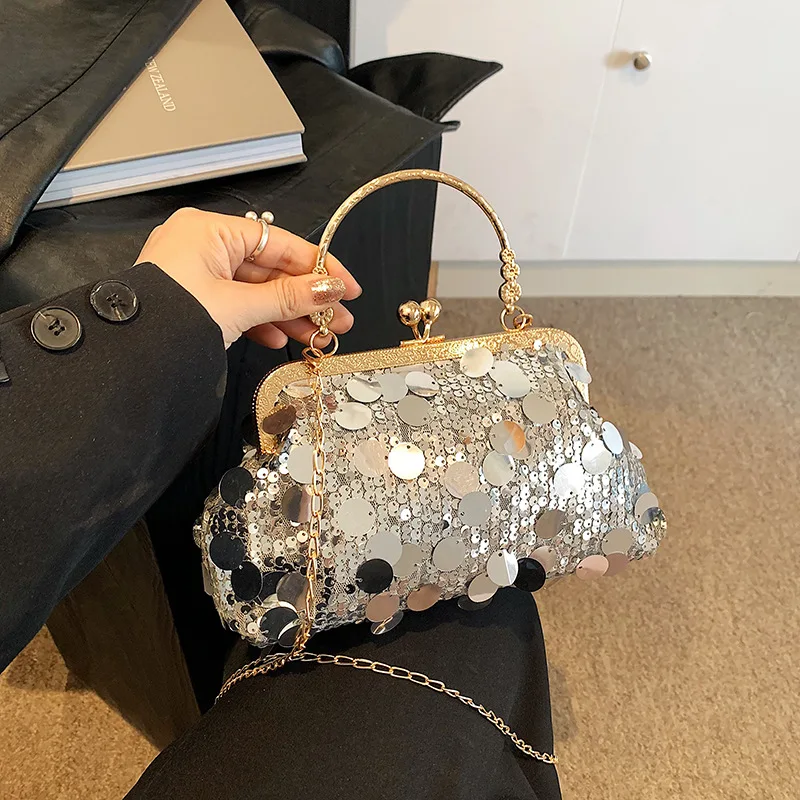 Luxurious Evening Bag Bling Sequins Handbags Women Party Small Shell Bag Fashion Lady Bucket Handbags Girls Glitter Chain Purses