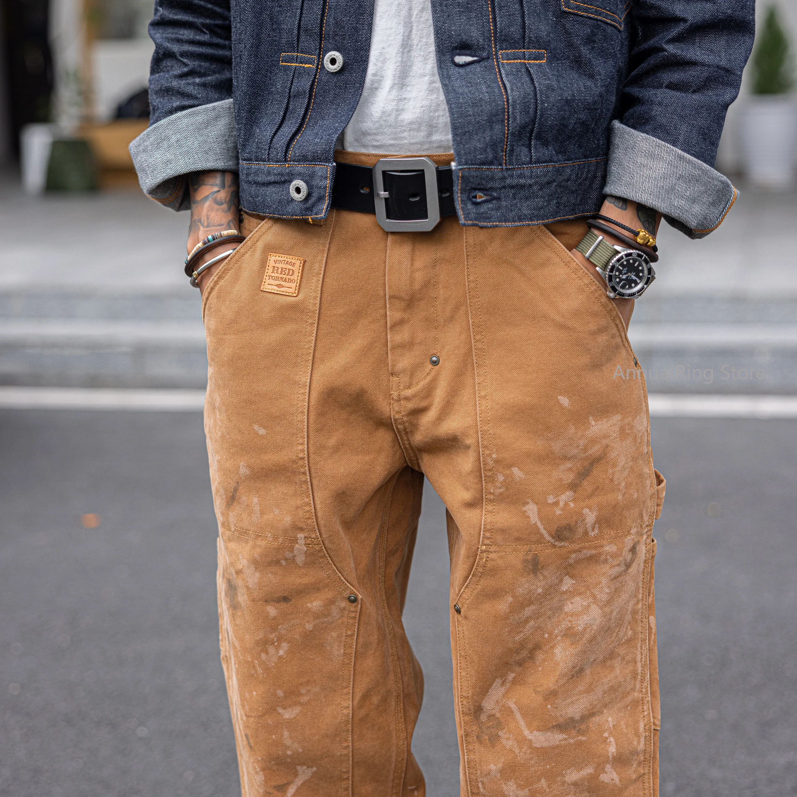 

Red Tornado Paint Splatter Distressed Work Pants Vintage Men's Double Knee Heavy Canvas Carpenter Trousers