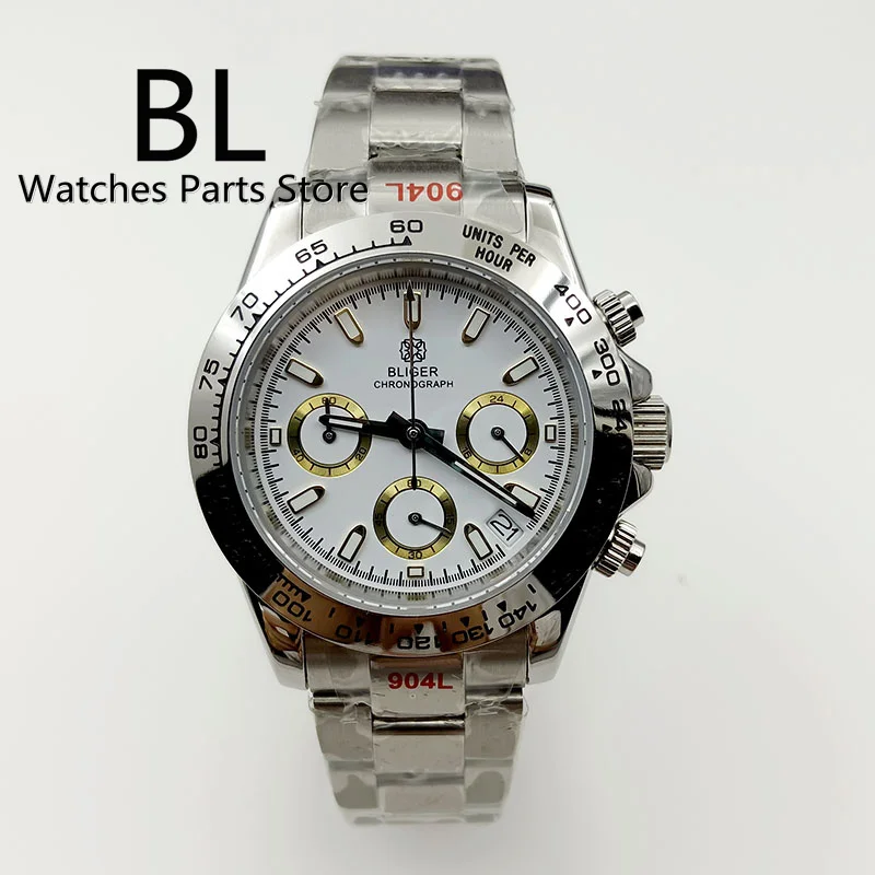 Imagem -02 - Bliger-prata Quartzo Cronógrafo Relógio para Homens Movimento Vk63 Safira Cristal Mostrador Branco 39 mm Aço Inoxidável