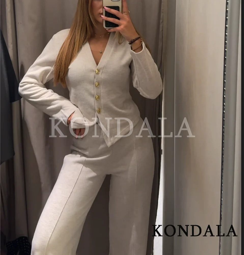 KONDALA خريف أنيق عادية محبوك فستان أطفال مع سروال داخلي المرأة أزرار طويلة الأكمام سترة بنطلون 2 قطعة مجموعة 2025 موضة الإناث مجموعة