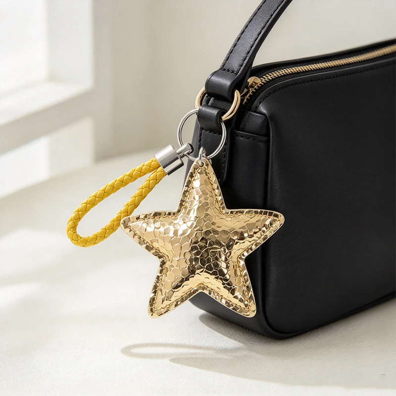 New PU Leather Starfish Bag Charm Cute Y2K Style Laser Star Keychain Decoration Fashion Braided Rope Bag Accessorie Pendant