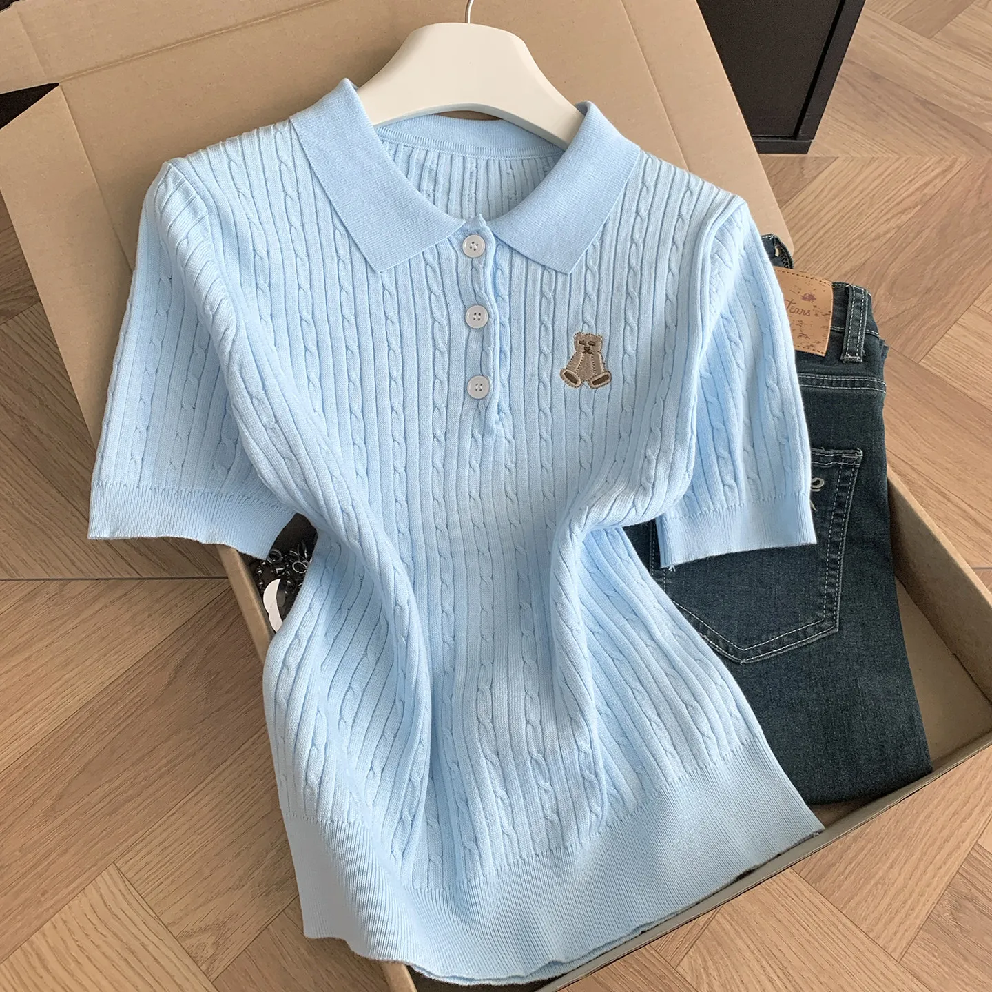 Korean College Style Knitted Ice Silk Short Sleeve  Neck Twist Bear Embroidery Top Women Summer Blue Casual Loose Fit