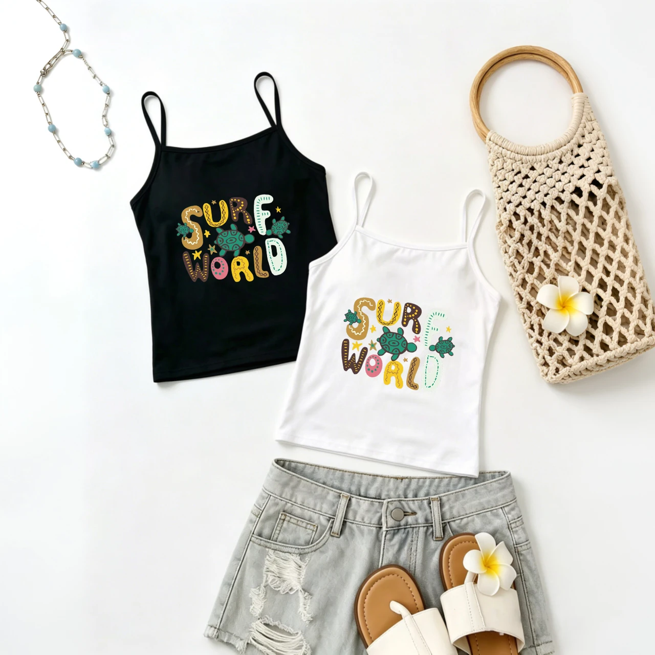 Summer Spaghetti Strap Tank Top Women Surfing Slogan Camisole Retro Ocean Theme Sleeveless Vest Casual Holiday Tops