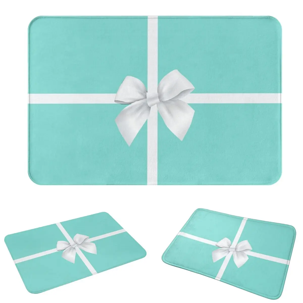 Turquoise Gift Box White Bow Doormat Cushion Carpet Rug Kitchen Entrance Home Floor Mat for Bathroom Footpad Mats