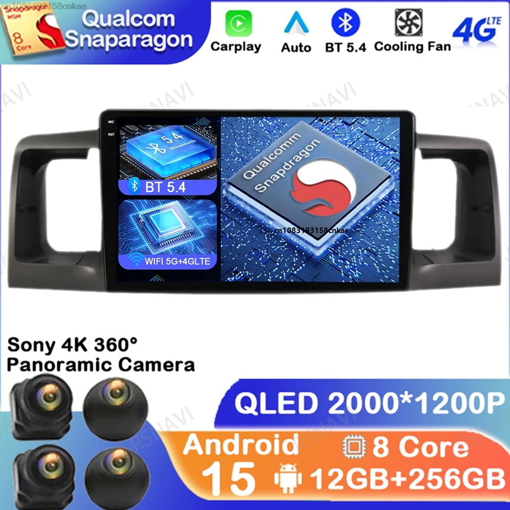 

Android 15 For Toyota Corolla E120 2000-2009 QLED Stereo 5G WIFI Head Unit Navigation Multimedia Qualcomm 4G LTE Car Radio BT