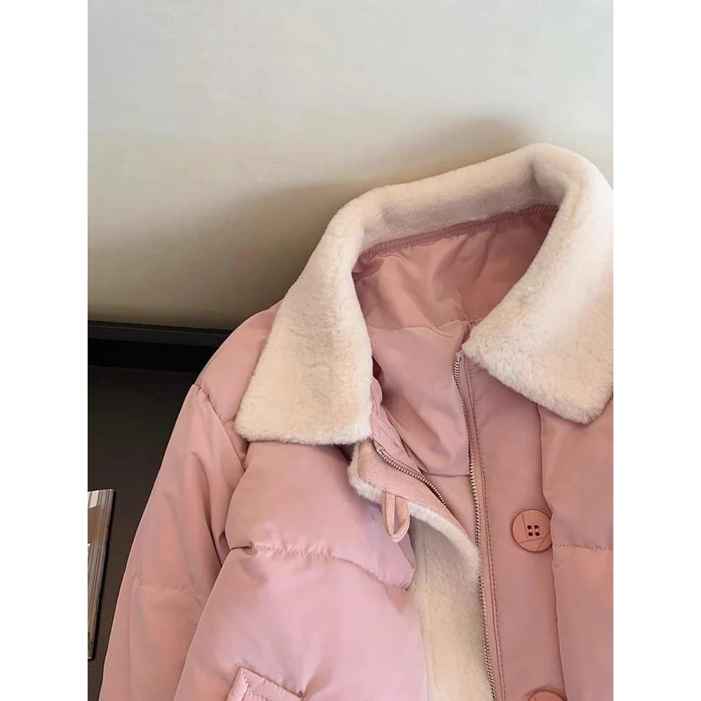 Women Pink Winter Parka Jacket Vintage Outerwear Warm Long Sleeve Coat Korean Cutecore Padded Jacket Autumn 2000s Shoujo Clothes