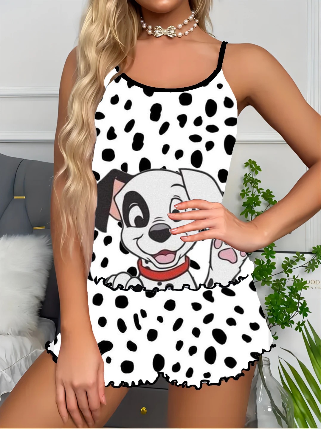 Dalmatiner Print elegante Damen Anzug Pyjama Kleid Disney Anzug Kurz anzug Sommer anzug Disney Hosenträger Top