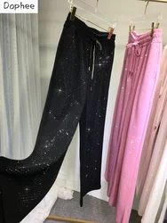 Babysbreath pantalones brillantes de perforación en caliente para mujer, Pantalones rectos de cintura alta, elásticos con cordón, pierna ancha que combinan con todo, verano