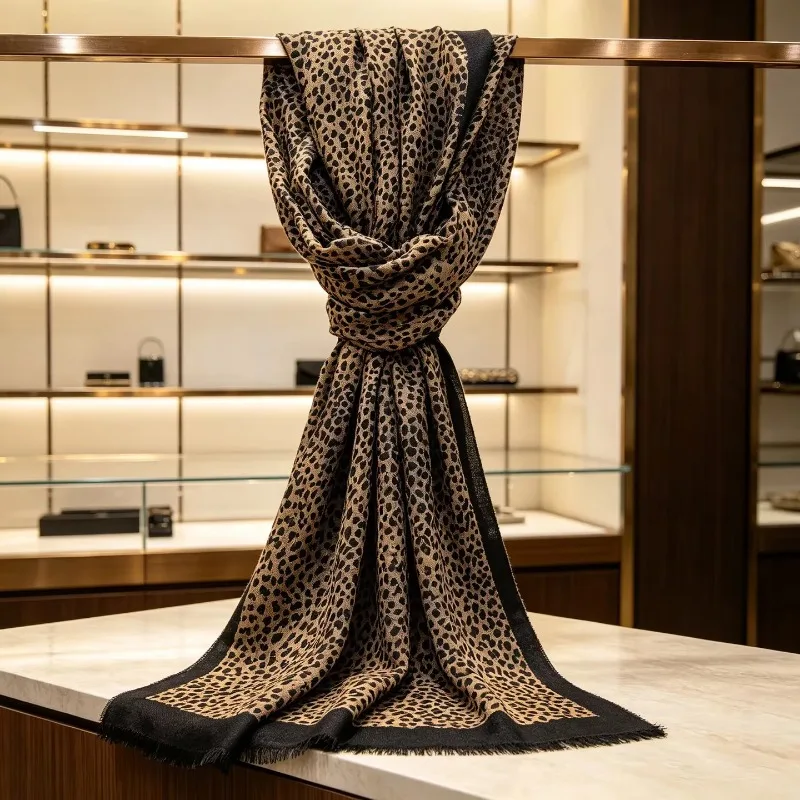 2026 New Leopard Print 100% Wool Fringed Scarf Women Winter Warm 200x100cm Large Wrap Shawl Neckerchief Scarves Pashmina Poncho