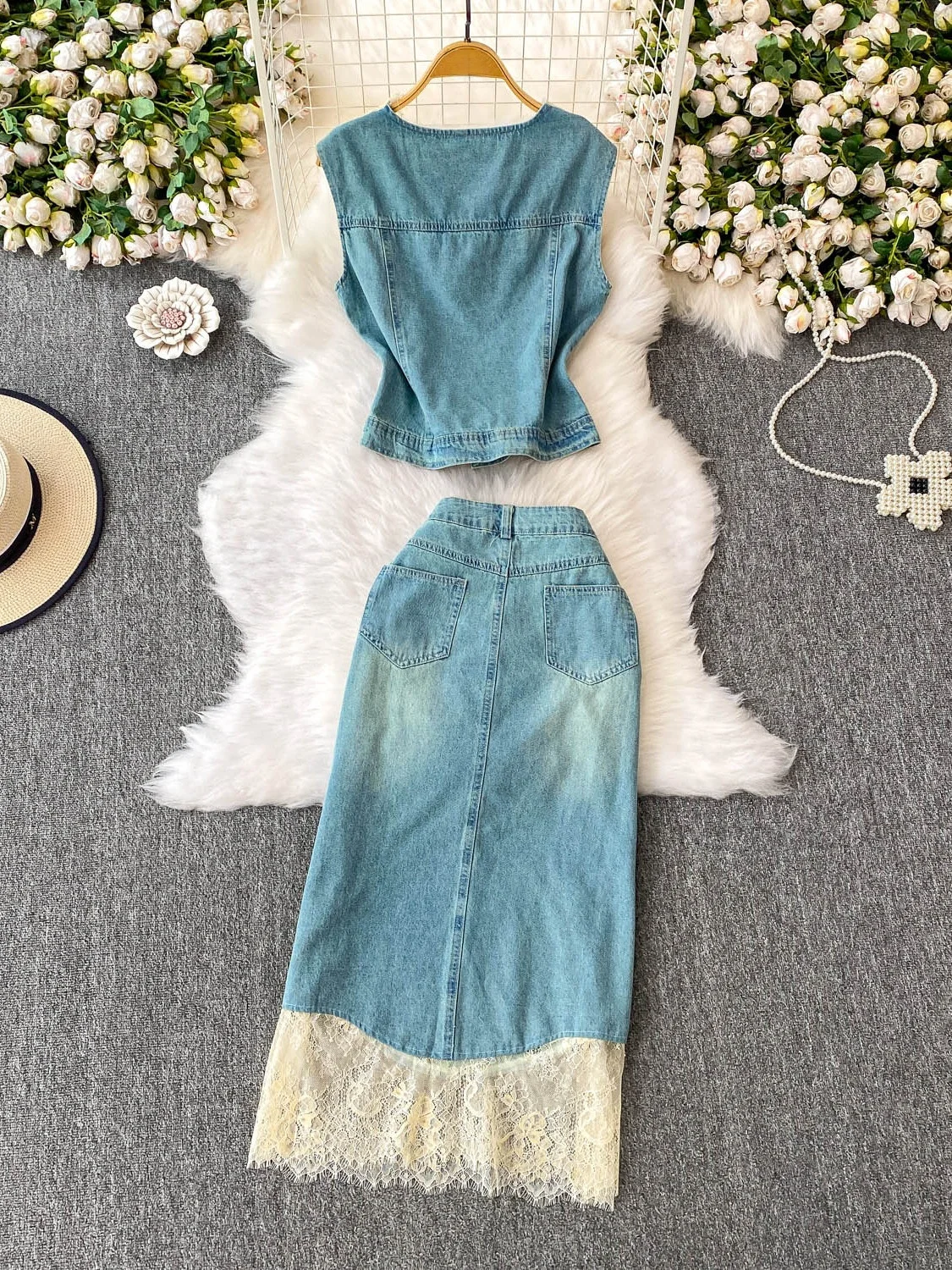 

Ele Lace Splice V-Ne Svel Denim Vest Top High Waist Slimming Split f Skirt Set Women's Faion Summer Outfit