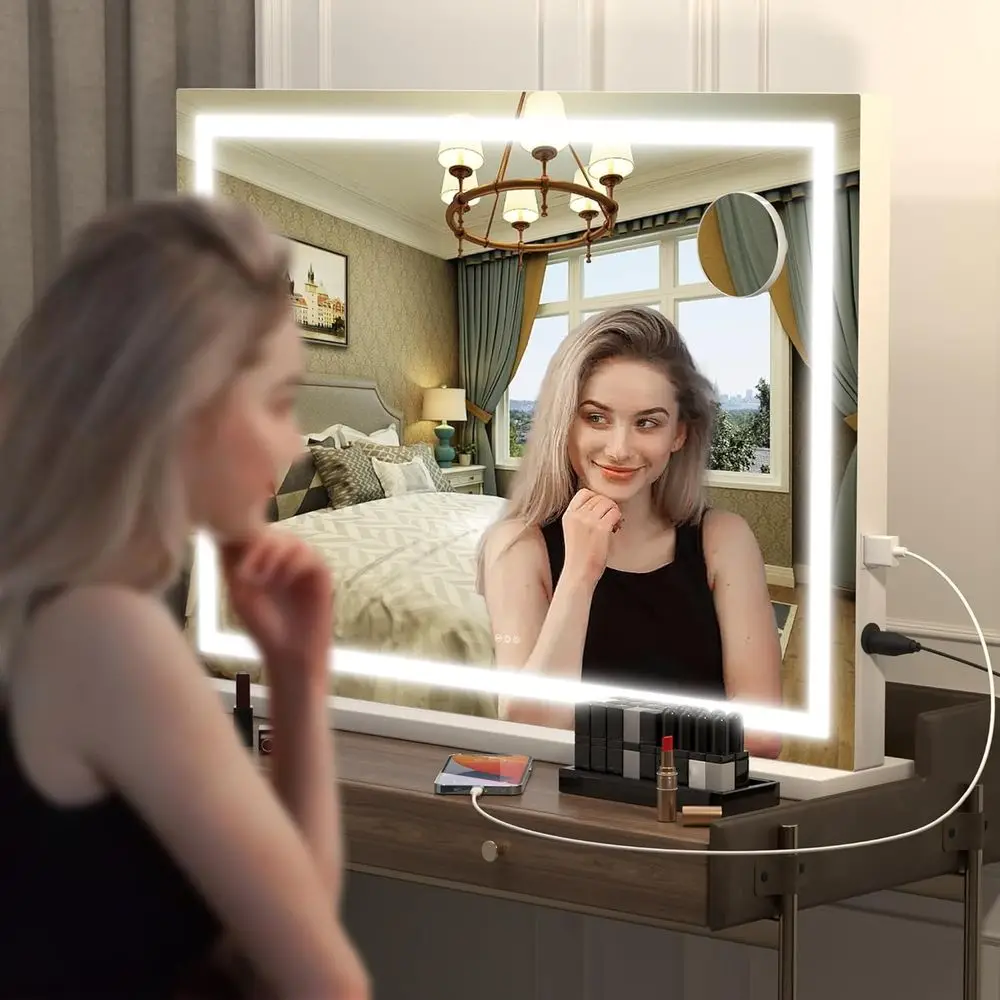32 x 22 LED Lighted Makeup Mirror with Touch Screen Control and 3 Dimmable Modes, Square White Vanity Mirror