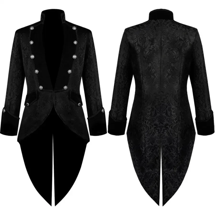 Men's Black Retro Tailcoat Halloween Medieval Steampunk Dress Cosplay Costume Velet Stand Collar Tuxedo Vampire Stage Clothing