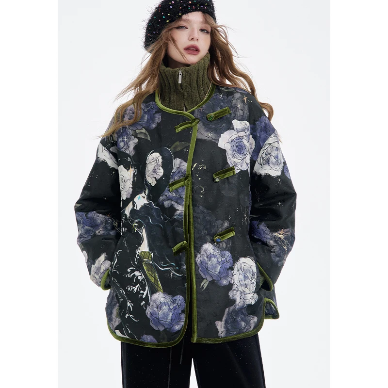 ELFSACK 2025 invierno nuevas llegadas Y2K exquisito Retro Floral gráfico estilo chino abrigo con botones para mujer